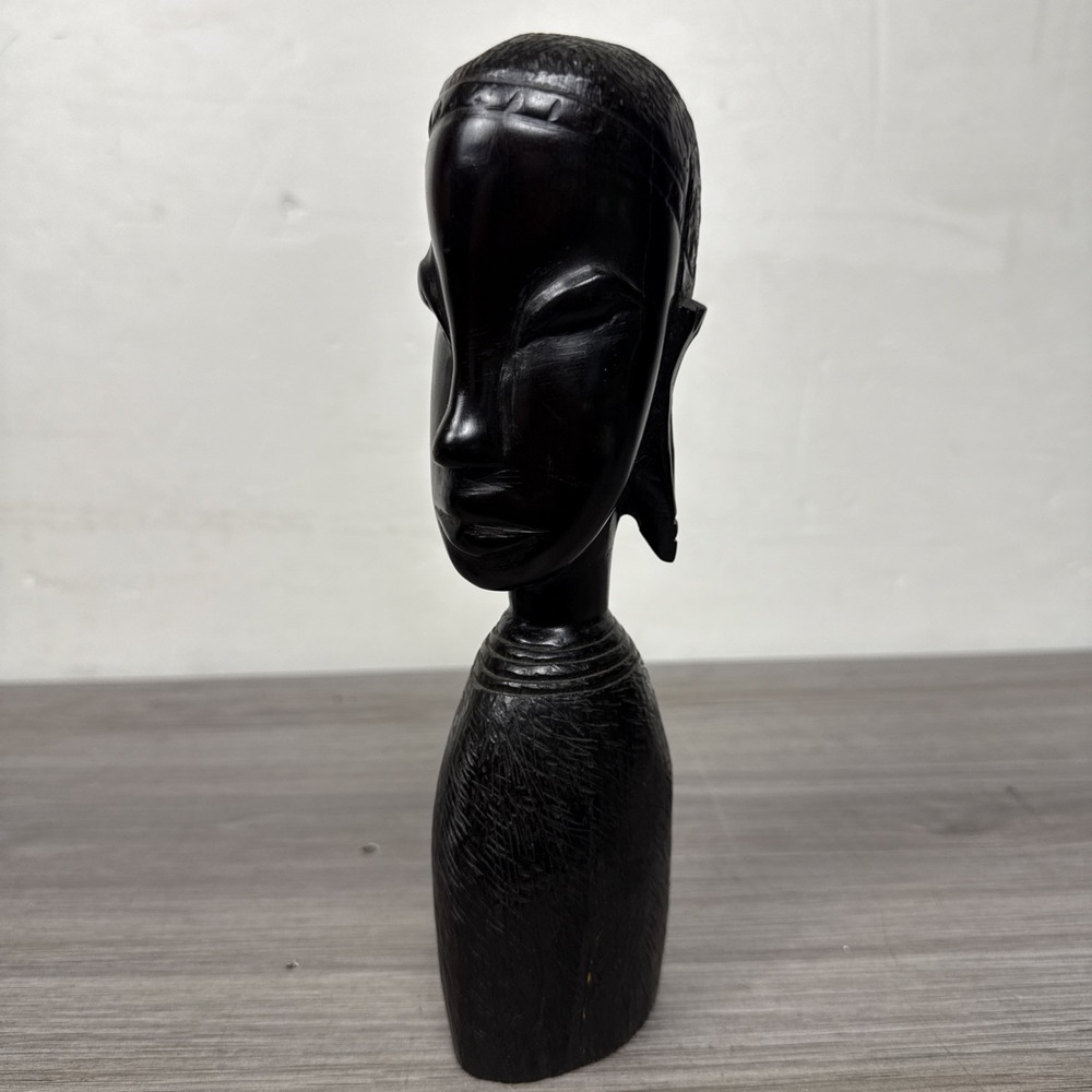 Hand-Carved African Ebony Wood Sculpture - Tribal Female Head Bust - 9" Tall